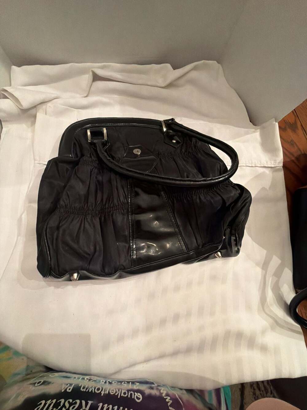 Reb'l Fleur by Rihanna Black Nylon Ruched Handbag with Patent Leather Trim